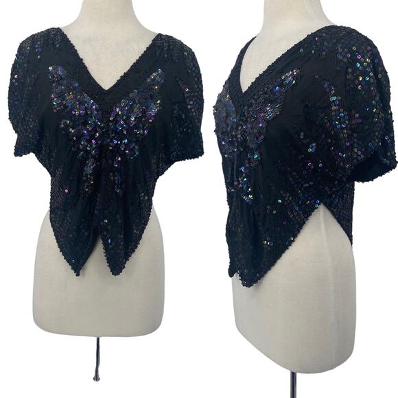 Vintage Tops - Vintage 80s Silk Beaded Sequined Butterfly Top V Neck Pullover Cropped Black M